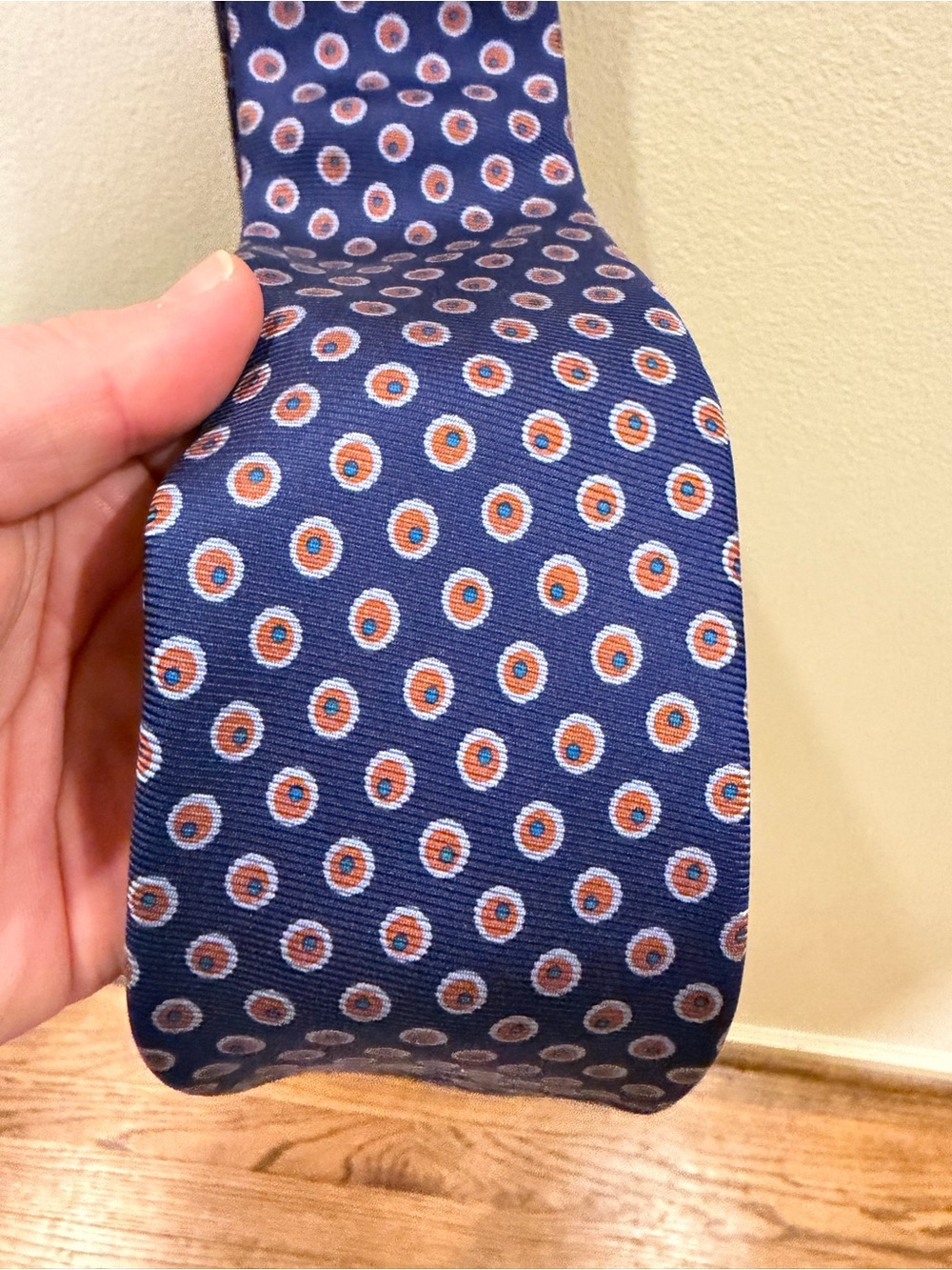 Drakes Navy Blue Silk Tie with orange and Light Blue Medallions - Picture 3 of 10